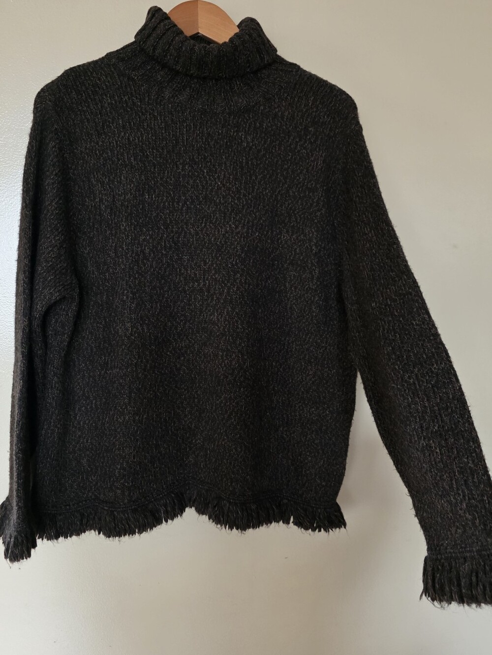 Italian Espresso Brown Wool Blend Turtleneck Sweater L Fringe Dark Academia